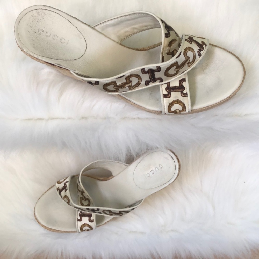 Gucci White Leather Espadrille Wedge Sandals with Brown Logo Trim - Picture 8 of 12